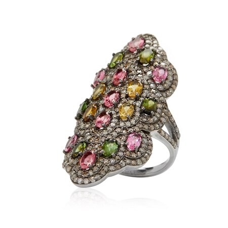 TVSN - Hilary Joy Couture 7.3ct Tourmaline & Champagne Diamond Ring SS