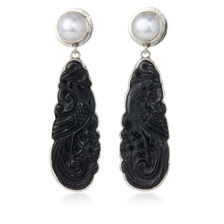 Amy Kahn Russell Carved Onyx & Pearl Drop Earring Sterling Silver