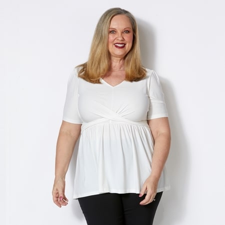 Nina Leonard Elbow Sleeve V Neck Twist Front Solid Tunic
