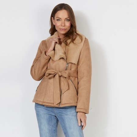 Bella Loren Suedette Coat with Faux Fur Collar