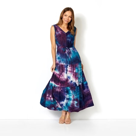 Hailey Lyn V Neck Drawstring Waist Tiered Tie Dye Maxi Dress