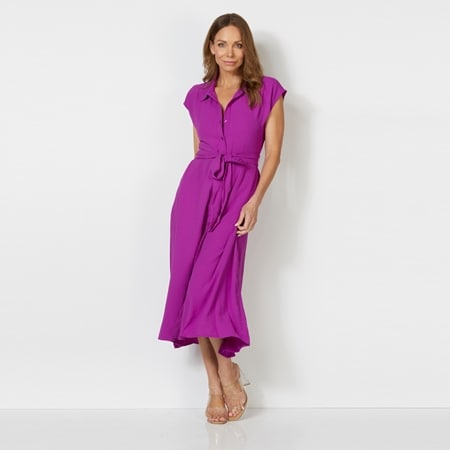 Hailey Lyn Cap Sleeve Collared Button Front High Low Dress with Self Sash
