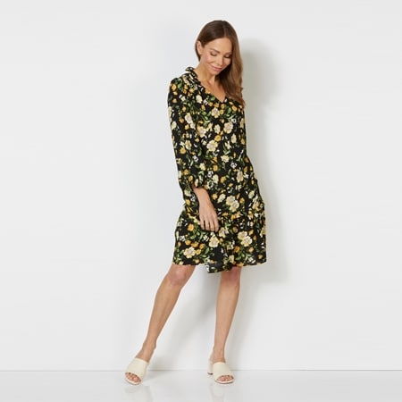 Hailey Lyn 3/4 Sleeve Smocked V Neck Tiered Print Dress