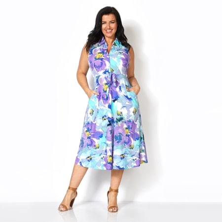 Nina Leonard Collared Button Top Fit and Flare Dress with Drawstring