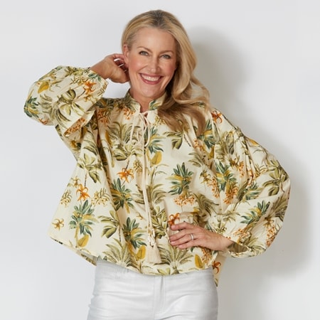 Spanner 100% Cotton Palm Print Tie-up Neck Puffed Sleeve Peasant Top