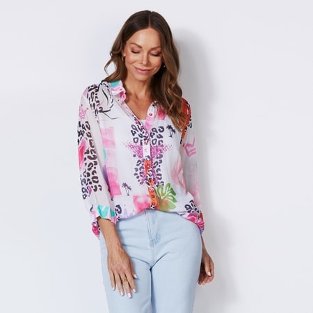 Cafe Latte Georgette Digital Printed Collar 3/4 Sleeve Shirt